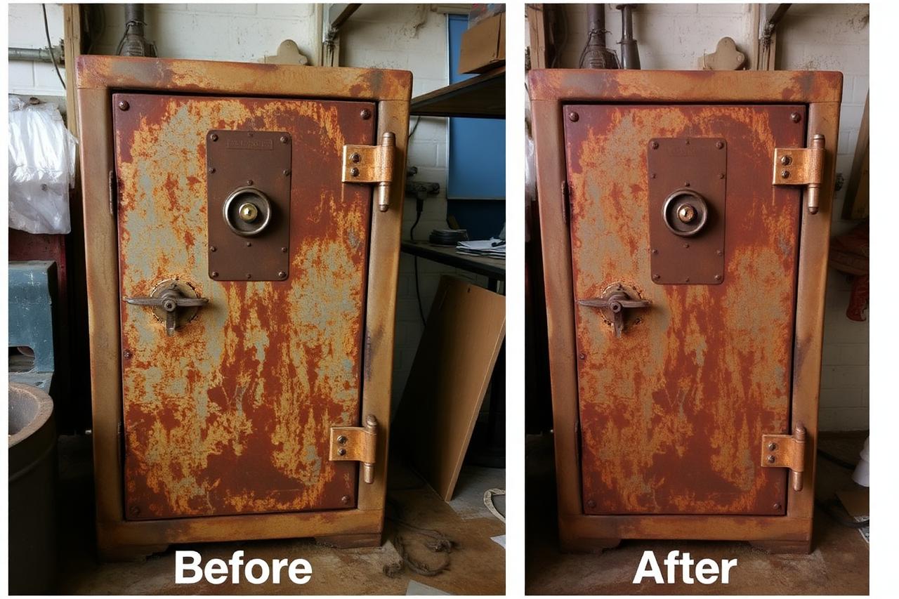 Verrosteter Tresor vor und nach der Restauration