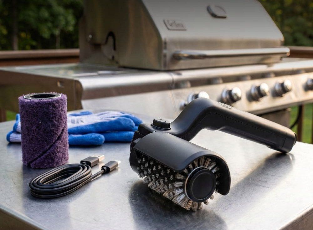 GrillWizz Lumin Crypt Set: Bürste mit Zwei-Bürsten-Kopf, Scheuerpad, Handschuhe und USB-C-Kabel